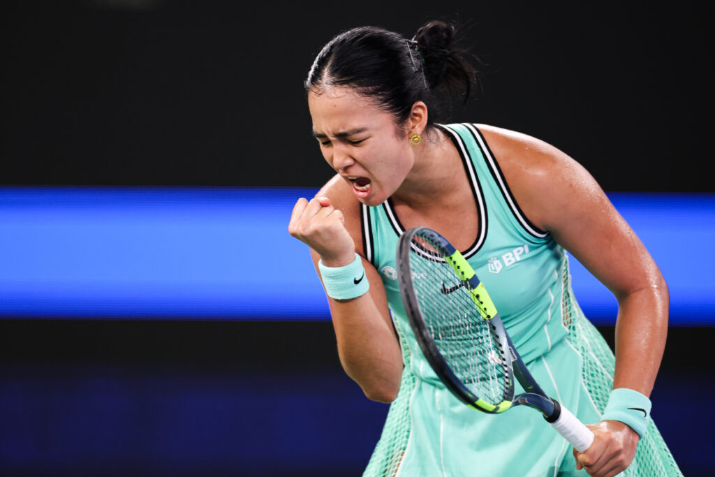 Alexandra Eala of Philippines celebrates against Shi Han of China on day one of Wuhan Open at Optics Valley International Tennis Center on October 12, 2026 in Wuhan, China.