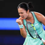 Alexandra Eala of Philippines celebrates against Shi Han of China on day one of Wuhan Open at Optics Valley International Tennis Center on October 12, 2026 in Wuhan, China.