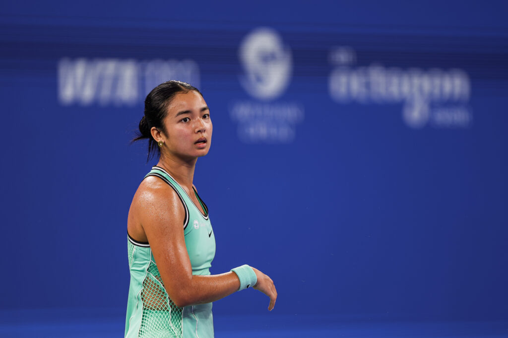 Alexandra Eala of Philippines returns a shot in the Women's Singles Round of 64 match against Shi Han of China on day one of Wuhan Open.