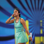 Alexandra Eala of Philippines returns a shot in the Women's Singles Round of 64 match against Shi Han of China on day one of Wuhan Open at Optics Valley International Tennis Center on October 12, 2026 in Wuhan, China.