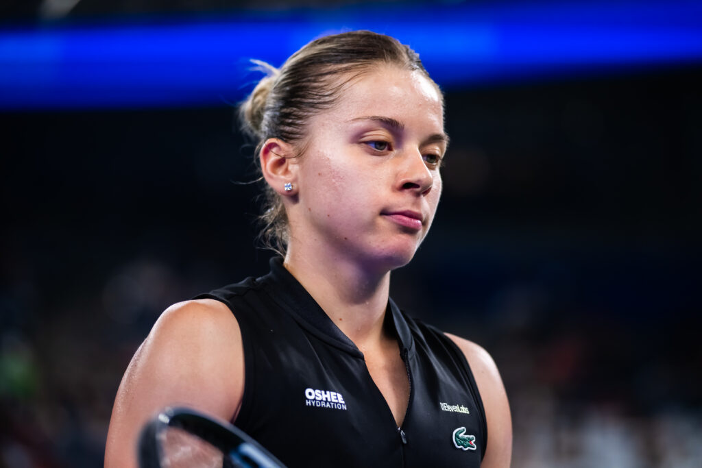 Maja Chwalinska of Poland in action against Maria Sakkari of Greece in the quarter-final on Day 5 of the Wuhan Open at Optics Valley International Tennis Center.