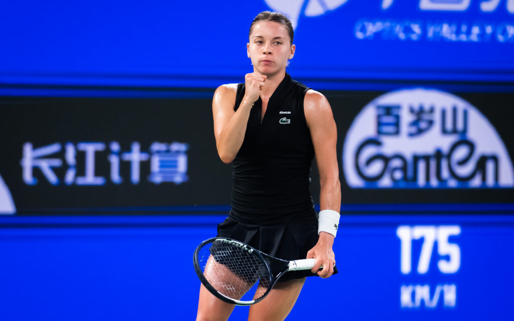 Maja Chwalinska of Poland in action against Maria Sakkari of Greece in the quarter-final on Day 5 of the Wuhan Open.