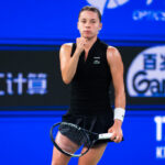 Maja Chwalinska of Poland in action against Maria Sakkari of Greece in the quarter-final on Day 5 of the Wuhan Open.