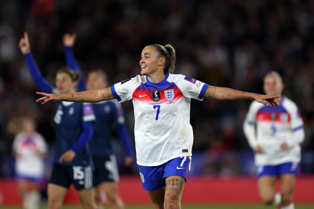 Georgia Stanway of England celebrates scoring a goal which was then ruled out for an offside during the FIFA Women's World Cup 2027 Women's European Qualifiers Play-offs Round 1: Second Leg between England and Greece at The King Power Stadium.