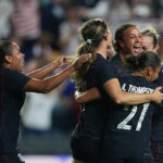 Mallory Swanson #9 of the United States celebrates scoring with teammates during the second half of the international friendly match against Spain at Subaru Park on October 13, 2026 in Chester, Pennsylvania.