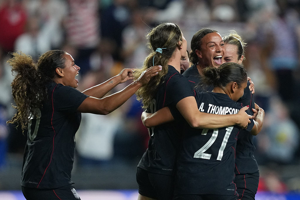 Mallory Swanson #9 of the United States celebrates scoring with teammates during the second half of the international friendly match against Spain at Subaru Park on October 13, 2026 in Chester, Pennsylvania.