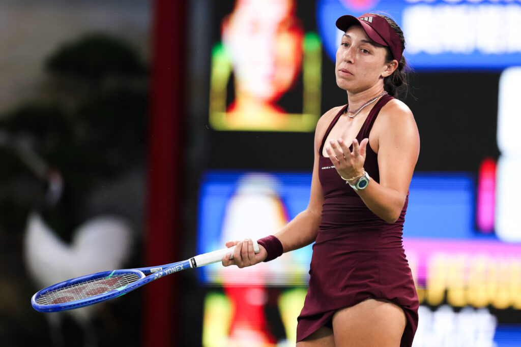 Jessica Pegula of the United States reacts against Jelena Ostapenko of Latvia on day three of Wuhan Open.