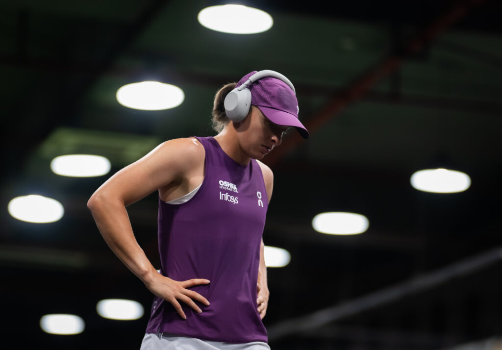 WUHAN, CHINA - OCTOBER 17: Iga Swiatek of Poland warms up before playing against Maja Chwalinska of Poland in the semi-final on Day 6 of the Wuhan Open at Optics Valley International Tennis Center on October 17, 2026 in Wuhan, China.