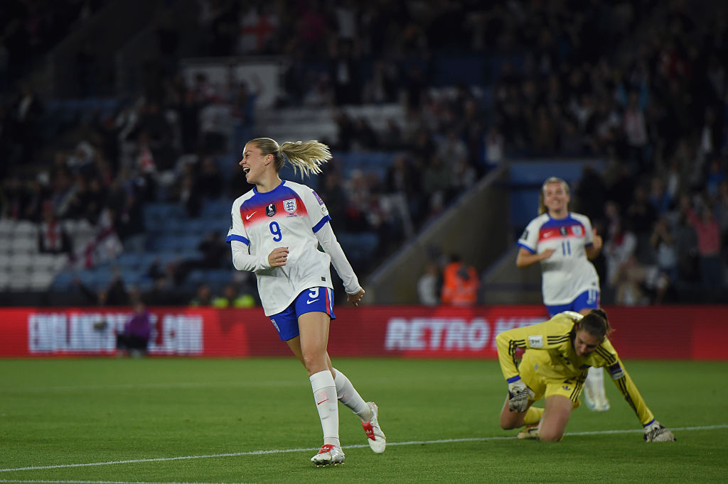 Alessia Russo of England celebrates after scoring her team's first goal during the FIFA Women's World Cup 2027 Women's European Qualifiers Play-offs Round 1: Second Leg between England and Greece at The King Power Stadium on October 13, 2026 in Leicester, England.