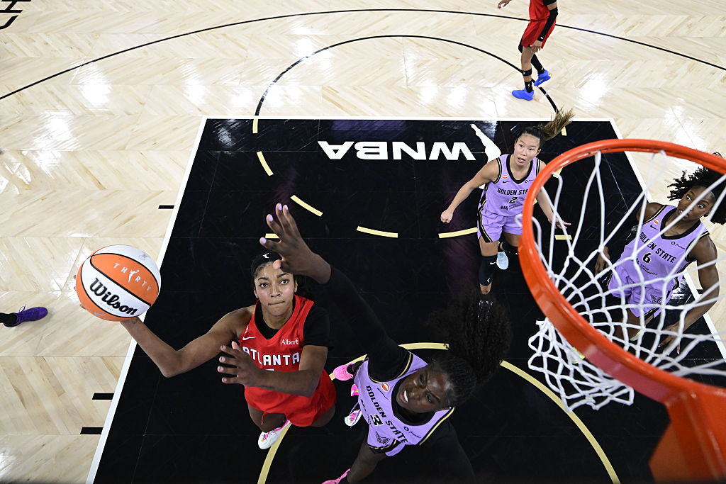 Angel Reese #5 of the Atlanta Dream drives to the basket during the game against the Golden State Valkyries during Game Two of the 2026 WNBA Finals on October 19, 2026 at the Chase Center in San Francisco, CA.