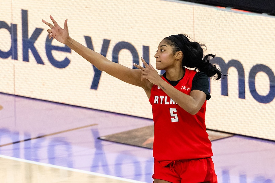Angel Reese #5 of the Atlanta Dream celebrates a three during Game Two of the WNBA Finals 2026.