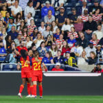Salma Paralluelo #7 of Spain is congratulated by teammates after scoring a goal during a friendly match between the United States and Spain at Subaru Park on October 13, 2026 in Chester, Pennsylvania.