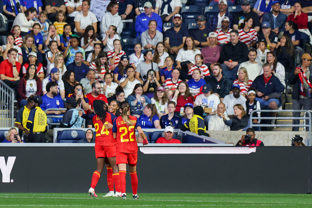 Salma Paralluelo #7 of Spain is congratulated by teammates after scoring a goal during a friendly match between the United States and Spain at Subaru Park on October 13, 2026 in Chester, Pennsylvania.