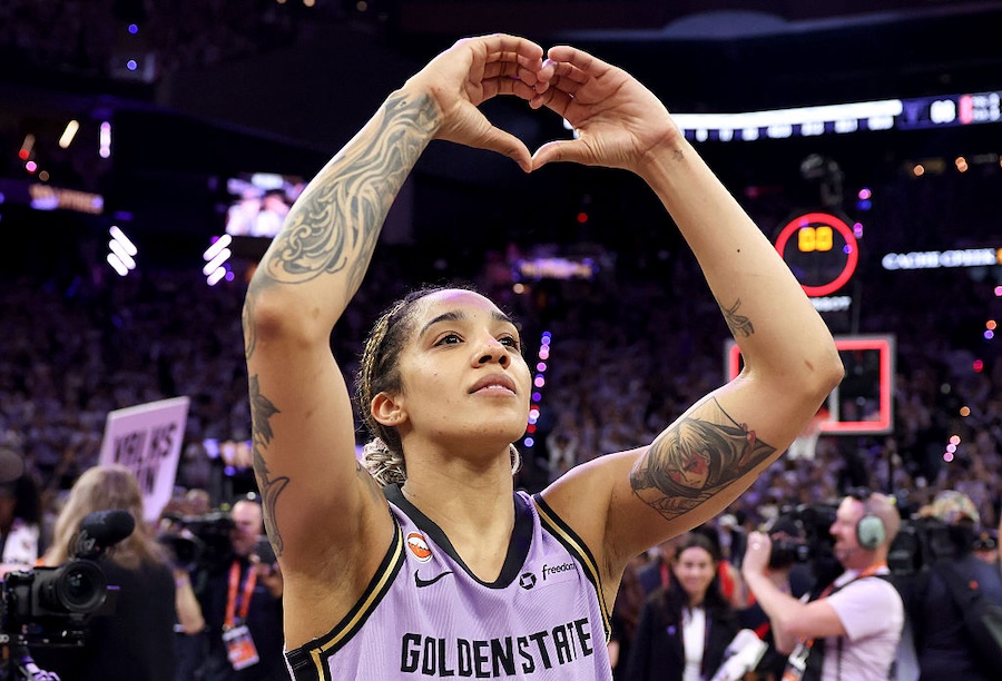 Gabby Williams #1 of the Golden State Valkyries celebrates the 68-64 win against the Atlanta Dream in game one of the WNBA Finals at Chase Center on October 17, 2026 in San Francisco, California.