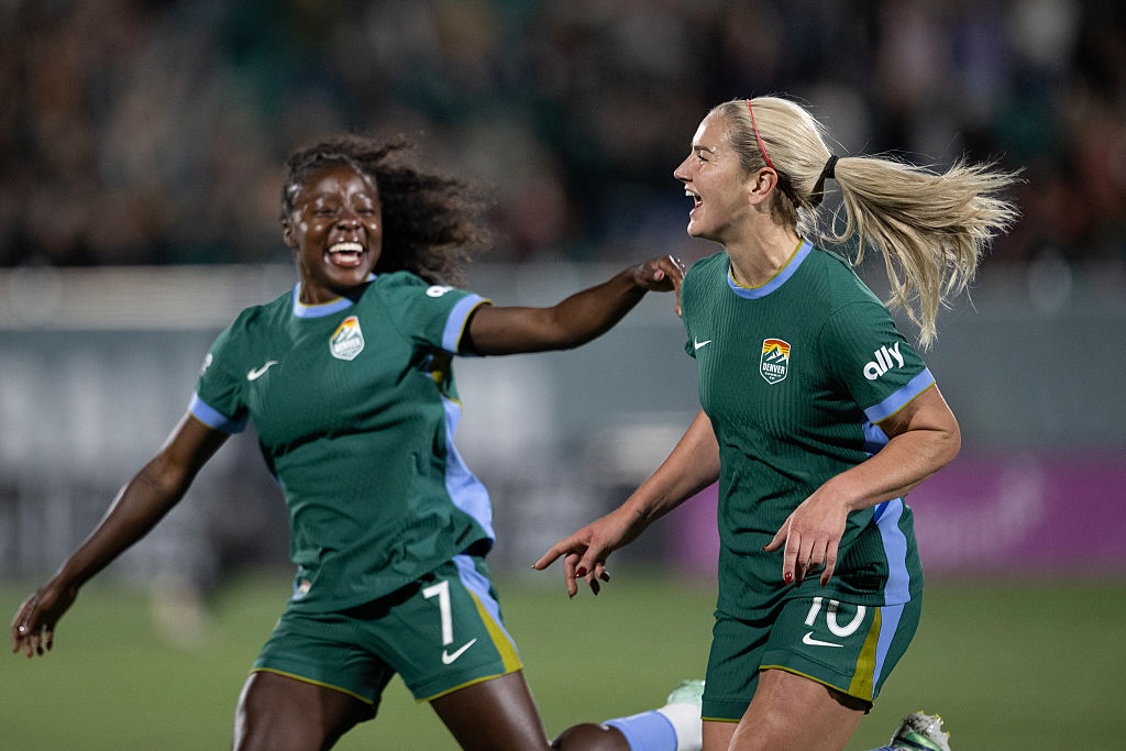 Midfielder Lindsey Heaps (10) and defender Ayo Oke (7) of the Denver Summit FC celebrate Heaps' goal during a game against Angel City FC on Saturday, Oct. 17, 2026, at Centennial Stadium in Centennial, Colo.
