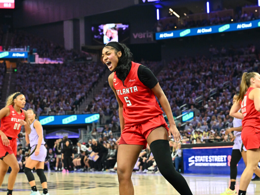 Angel Reese #5 of the Atlanta Dream celebrates during the game against the Golden State Valkyries during Game One of the 2026 WNBA Finals on October 17, 2026 at the Chase Center in San Francisco.