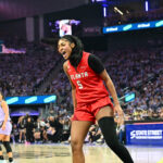 Angel Reese #5 of the Atlanta Dream celebrates during the game against the Golden State Valkyries during Game One of the 2026 WNBA Finals on October 17, 2026 at the Chase Center in San Francisco.