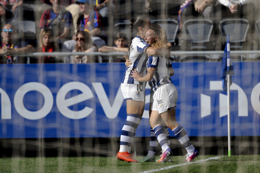 Players of Real Sociedad celebrates scoring their side's 1st goal during the Liga F Moeve 2026/27 match between Real Sociedad and FC Barcelona at Instalaciones de Zubieta.