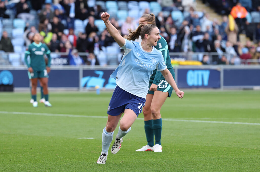 Niamh Charles of Manchester City celebrates scoring her team’s third goal during the Barclays Women's Super League 2026/27 match between Manchester City and Brighton & Hove Albion at Joie Stadium.