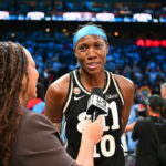 Rhyne Howard #10 of the Atlanta Dream talks to media after the game against the Golden State Valkyries during Game Three of the 2026 WNBA Finals on October 21, 2026 at State Farm Arena in Atlanta, Georgia.