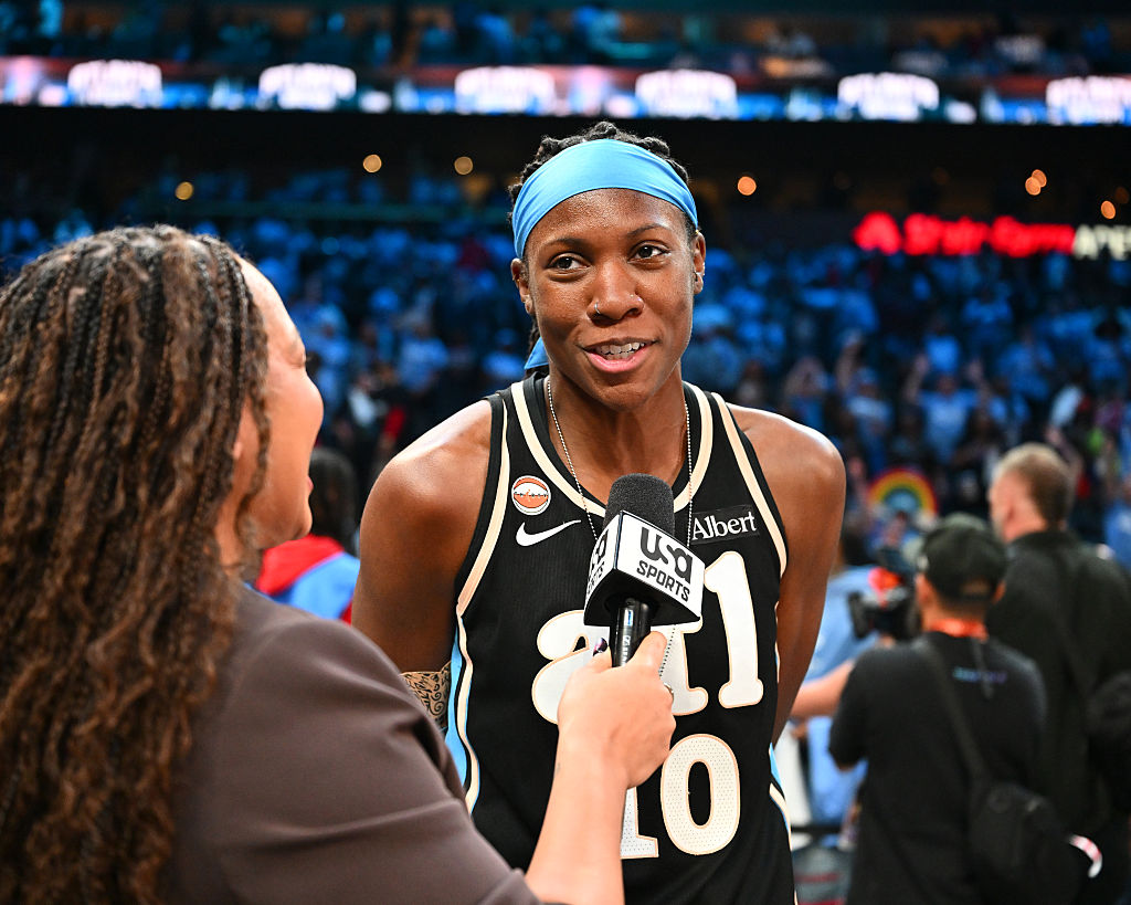 Rhyne Howard #10 of the Atlanta Dream talks to media after the game against the Golden State Valkyries during Game Three of the 2026 WNBA Finals on October 21, 2026 at State Farm Arena in Atlanta, Georgia.