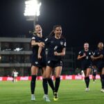 Maddie Dimaria of the USA celebrates with teammate Loradana Paletta after scoring her team’s fourth goal during the FIFA U17 Women's World Cup Group E match between the USA and Samoa at the Mohammed VI Football Complex on October 19, 2026 in Rabat, Morocco.