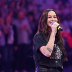 Alanis Morissette performs the national anthem before game two of the WNBA Finals between the Golden State Valkyries and the Atlanta Dream at Chase Center.