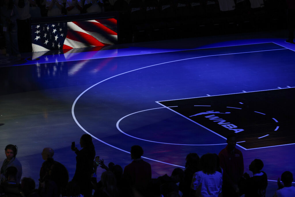 A detail of the court during the National Anthem before Game 4 of the WNBA Finals between Atlanta Dream and Golden State Valkyries at State Farm Arena.