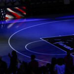 A detail of the court during the National Anthem before Game 4 of the WNBA Finals between Atlanta Dream and Golden State Valkyries at State Farm Arena.
