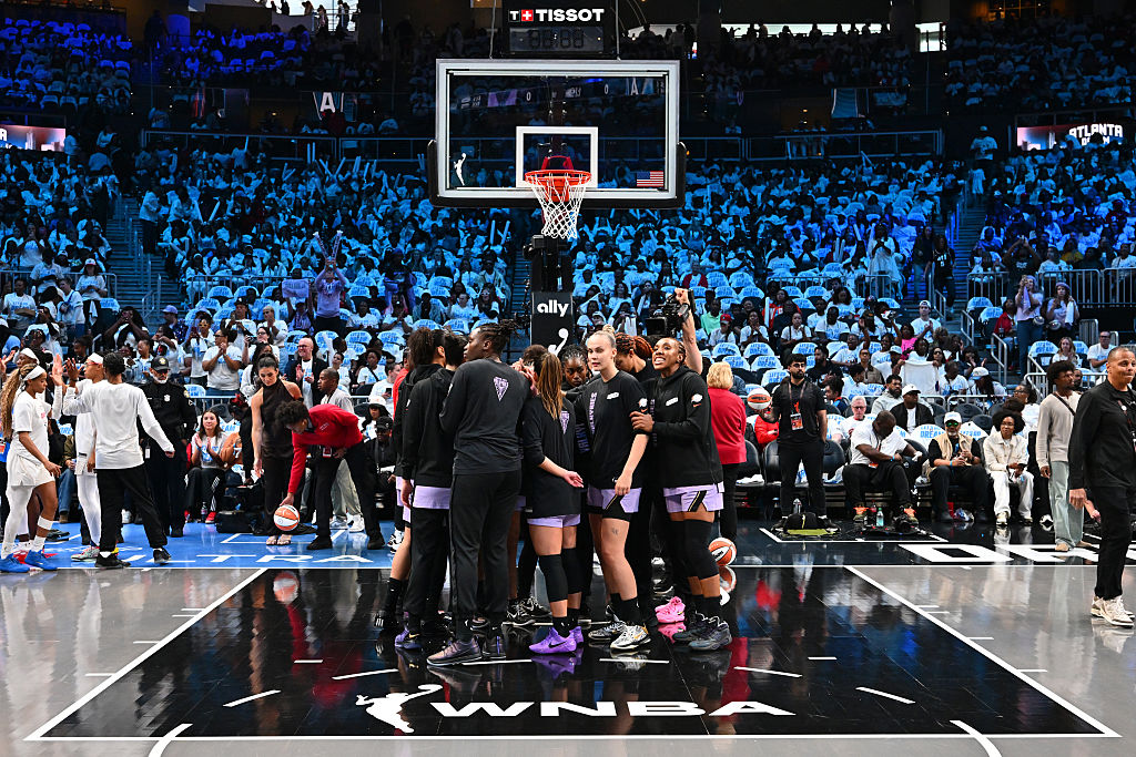 The Golden State Valkyries huddle up before the game against the Atlanta Dream during Game Four of the 2026 WNBA Finals on October 24, 2026 at State Farm Arena in Atlanta, Georgia.