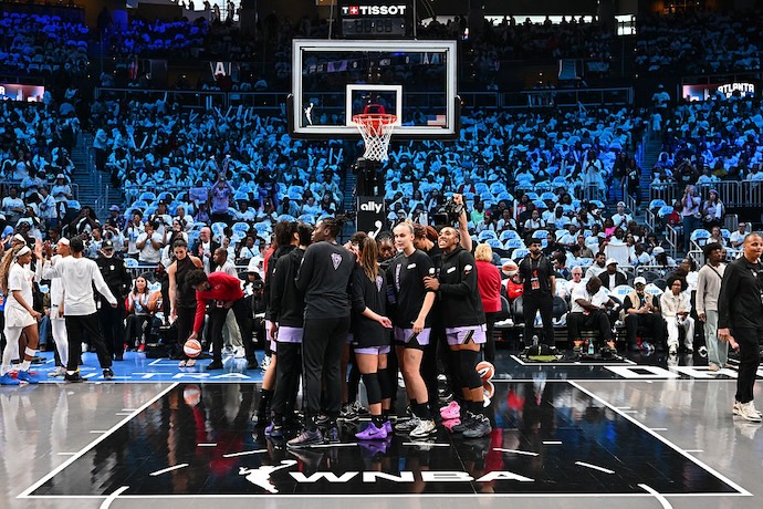 The Golden State Valkyries huddle up before the game against the Atlanta Dream during Game Four of the 2026 WNBA Finals on October 24, 2026 at State Farm Arena agains the Atlanta Dream.