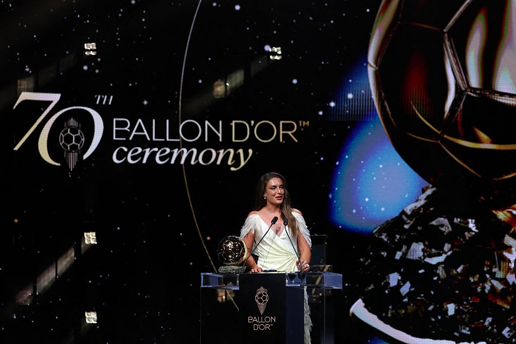 Spain and Barcelona midfielder Alexia Putellas delivers a speech after receiving the Ballon d'Or Feminin award for the best female footballer during the 2026 Ballon d'Or France Football award ceremony.
