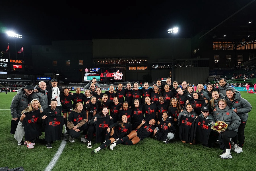 Players of Portland Thorns FC celebrate after clinching a spot in the playoffs following the NWSL match between Portland Thorns FC and North Carolina Courage.