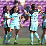 Midge Purce #23 of NJ/NY Gotham FC celebrates scoring her team's first goal with teammates during the NWSL match between Orlando Pride and NJ/NY Gotham FC at Inter.co Stadium.
