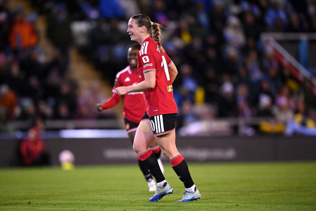 Elisabeth Terland of Manchester United celebrates scoring her team’s first goal during the Barclays Women's Super League 2026/27 match between Manchester United and Manchester City at Old Trafford on October 25, 2026 in Manchester.