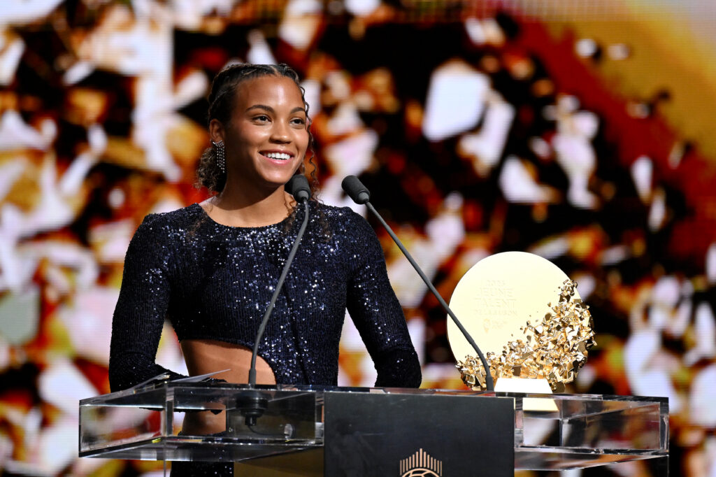 Vicky Lopez of FC Barcelona accepts the Women's Young Talent of the Year award during the 70th Ballon D'Or Ceremony at Palladium Theatre.