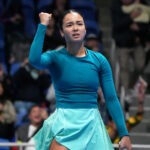 Alexandra Eala of Philippines celebrates winning during her round of 16 singles match against Talia Gibson of Australia on day three of Toray Pan Pacific Open at Ariake Tennis Forest Park.