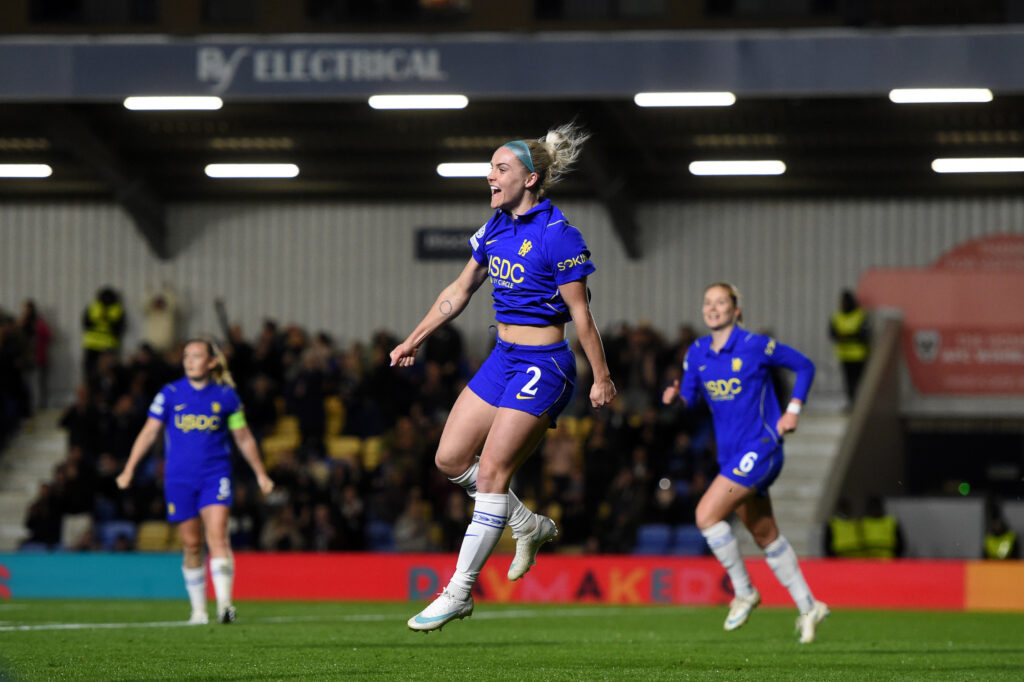 Ellie Carpenter of Chelsea celebrates after scoring her team's first goal during the UEFA Women's Champions League 2026/27 League Phase MD3 match between Chelsea FC and AS Roma.