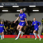 Ellie Carpenter of Chelsea celebrates after scoring her team's first goal during the UEFA Women's Champions League 2026/27 League Phase MD3 match between Chelsea FC and AS Roma.