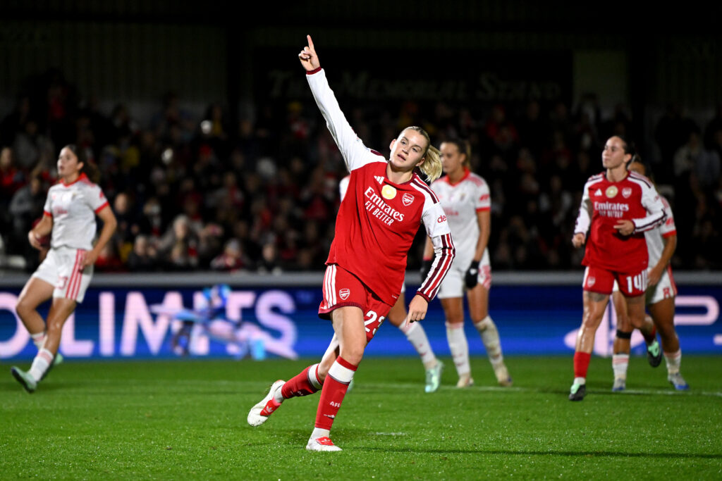 Alessia Russo of Arsenal celebrates scoring her team’s third goal during the UEFA Women's Champions League 2026/27 League Phase MD3 match between Arsenal FC and SL Benfica at Meadow Park.