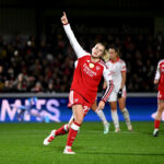 Alessia Russo of Arsenal celebrates scoring her team’s third goal during the UEFA Women's Champions League 2026/27 League Phase MD3 match between Arsenal FC and SL Benfica at Meadow Park.