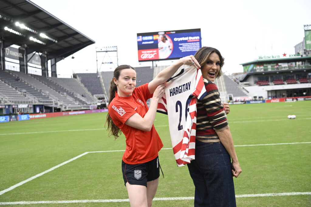 Actress and domestic violence advocate Mariska Hargitay meets with U.S. Women's National Team player Rose Lavelle at the U.S. Women's National Team match against Spain on October 10, 2026.