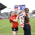 Actress and domestic violence advocate Mariska Hargitay meets with U.S. Women's National Team player Rose Lavelle at the U.S. Women's National Team match against Spain on October 10, 2026.