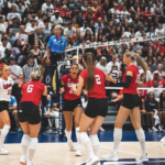 The Nebraska women's volleyball team celebrate a win against Penn State on Thursday.