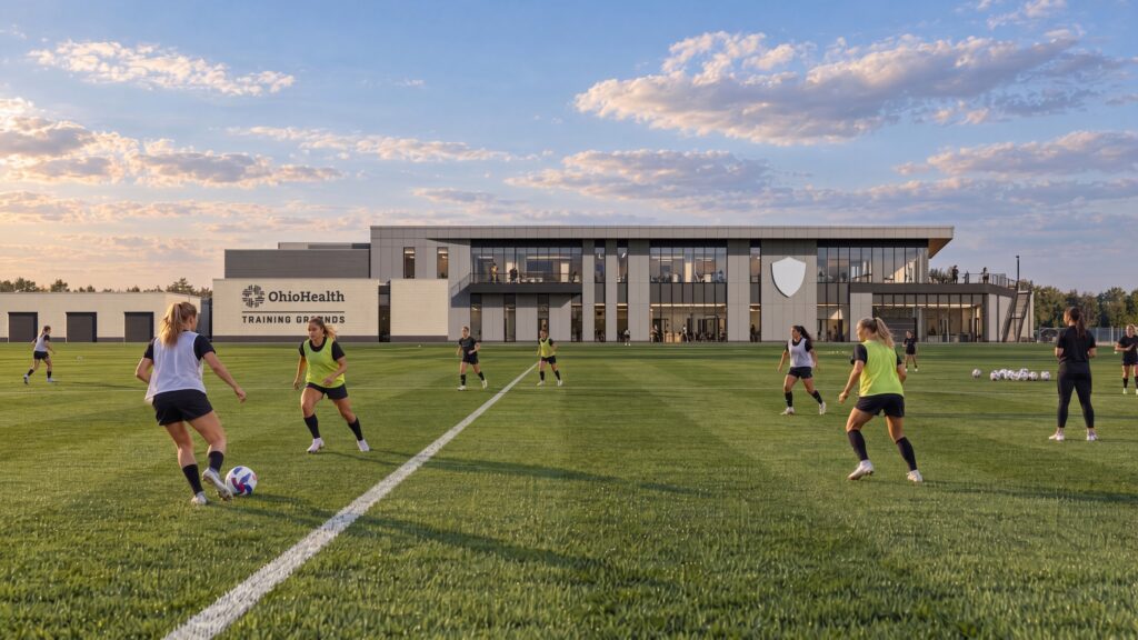 Exterior rendering of Columbus NWSL's OhioHealth Training Grounds with soccer players practicing on a grass field.